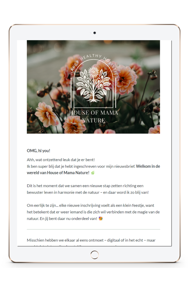Tablet met e-mail van House of Mama Nature, ontvangen na aanmelding voor de nieuwsbrief